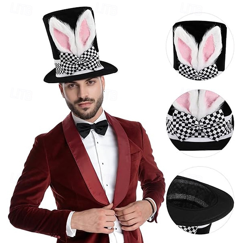 Alice in Wonderland Fairy Tale Mad Hatter White Rabbit Hat Accessories Top Hat Storybook Characters Cosplay Movie Cosplay for Unisex Kids Adults' Halloween Carnival World Book Day Performance3