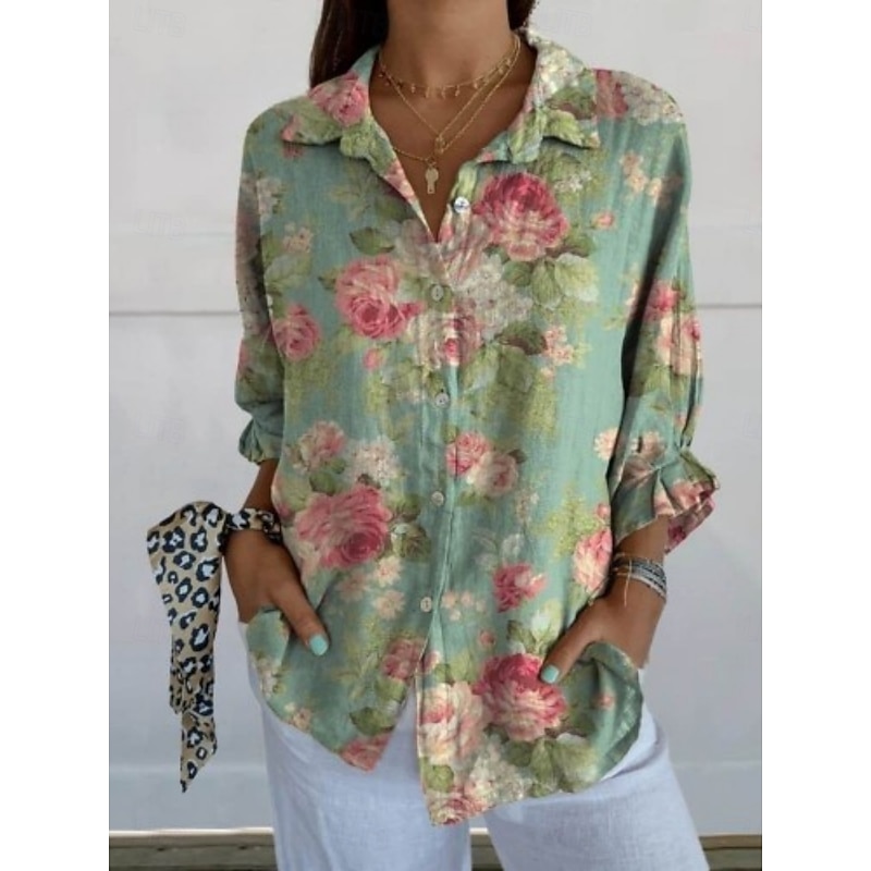 Women's Blouse Floral Daily Stylish Long Sleeve Shirt Collar Regular Tops Daily Holiday Buttons Print White Blue Green Summer