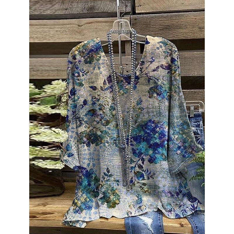 Women's Shirt Floral Stylish 3/4 Length Sleeve Crew Neck Regular Tops Daily Holiday Print Wine Red Blue Purple Summer3