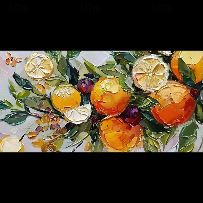 Vibrant Abstract Still Life Oil Painting Orange Tree with Lush Green Leaves and Fruits, Thick-Textured Hand Art for Modern Dining Room Decor3