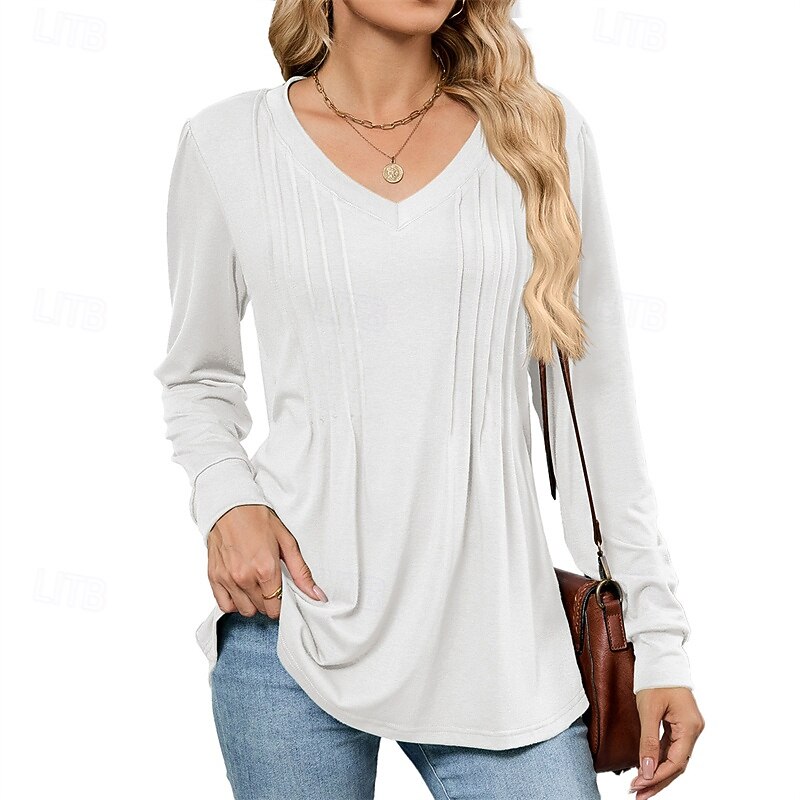 Women's T Shirt Plain Casual Long Sleeve V Neck Regular Tops Daily Weekend Tunic Black White Pink Wine Navy Blue Summer Texture Fabric3