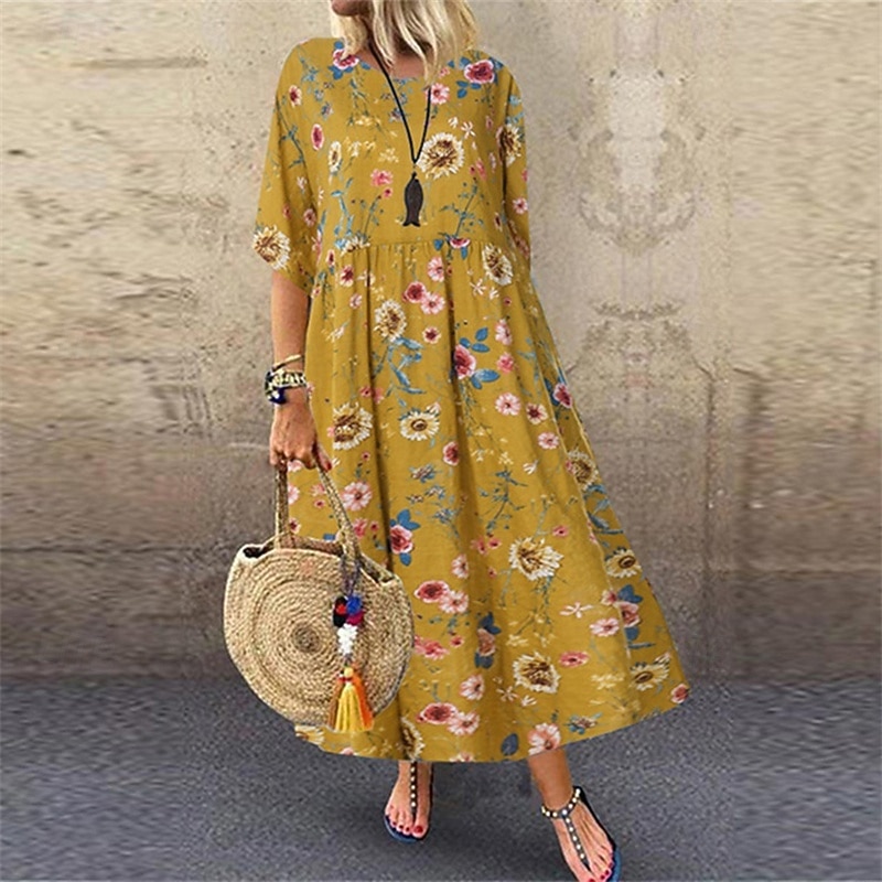 Women's Long Dress Maxi Dress Casual Dress Floral Dress Summer Dress Fashion Modern Daily Beach Weekend Regular Fit Flower Short Sleeve Crew Neck White Yellow Navy Blue Summer