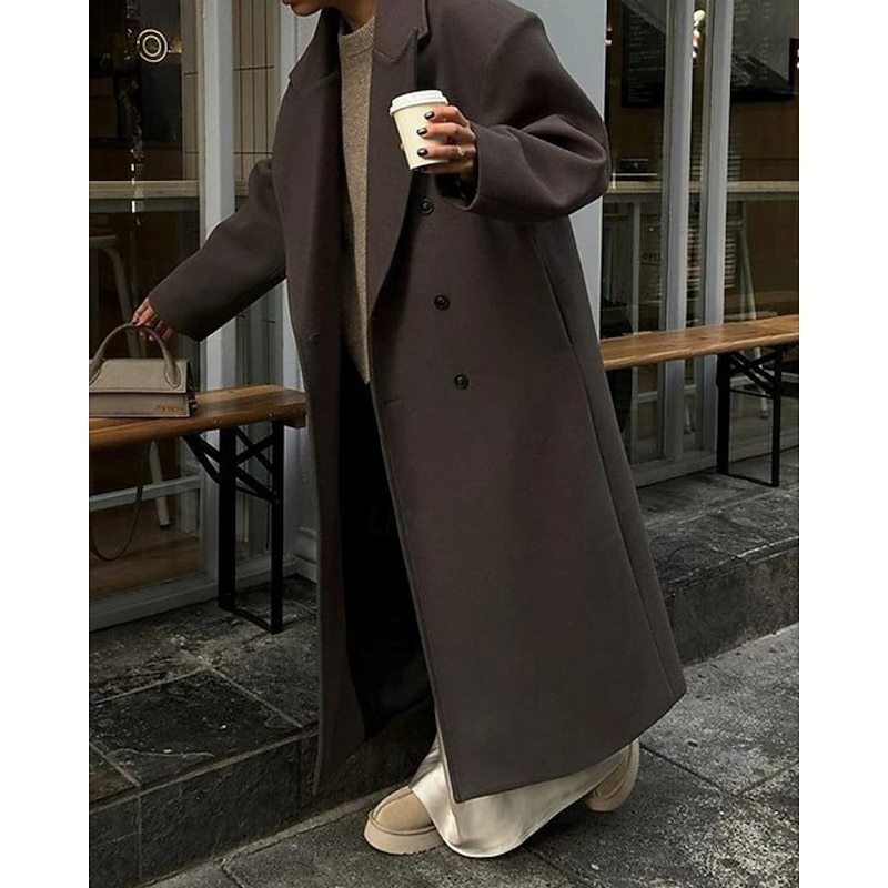 Women's Coat Warm Comfortable Pocket Buttons Fashion Plain Going out Weekend Double Breasted Long Turndown Regular Fit Long Sleeve Outerwear Coffee Fall Winter