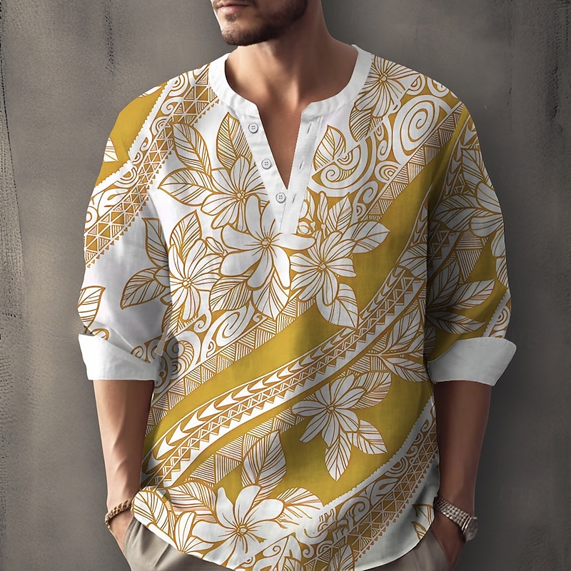 Men's Polynesian Tribal Floral Print Shirt Henley Shirt Tunic Shirts Long Sleeve Vintage Retro Outdoor Vacation Daily Summer Spring V Neck Button Up 3D Print Linen Like Shirt Yellow Red Blue2