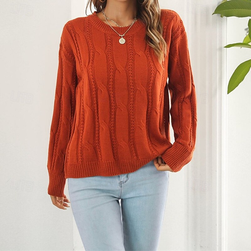 Women's Pullover Casual Solid Color Chunky Crew Neck Knitted Long Sleeve Regular Tops Knit Daily Holiday Going out Red Brown Fall Winter4