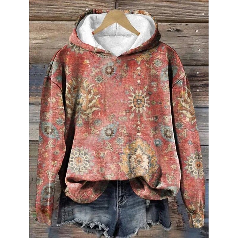 Women's Pullover Hoodie Sweatshirt Floral Warm Vintage Western Long Sleeve Hooded Regular Tops Street Dailywear Vacation Wear Print Black White Pink Orange Brown Fall Winter