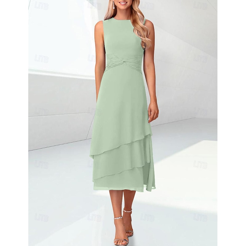 Beach Wedding Sheath Mother of the Bride Dress Elegant Jewel Neck Tea Length Chiffon 3/4 Length Sleeve Wrap Included with Ruching4