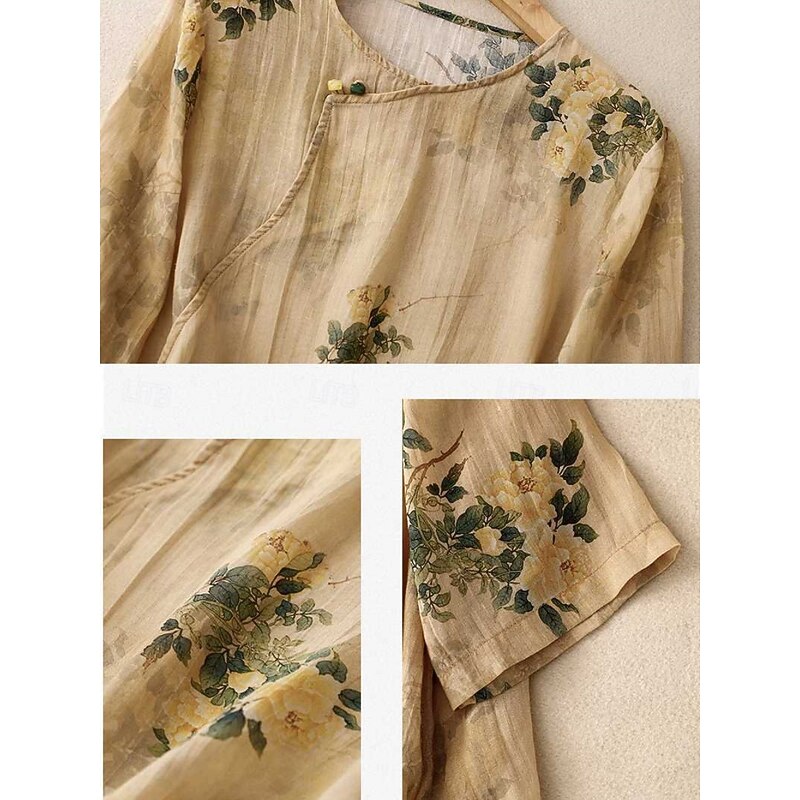 Women's Cotton Linen Shirts Floral Casual 3/4 Length Sleeve Crew Neck Regular Tops Daily Buttons Print Yellow Pink Green Summer3