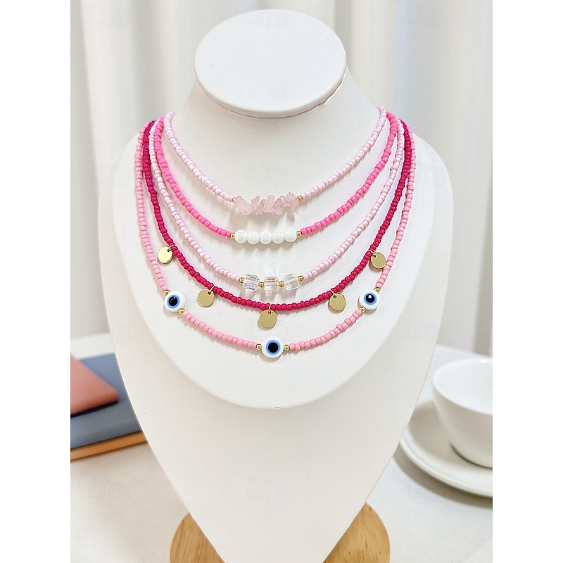Women's Colorful Beaded Layered Necklace Set – Boho Evil Eye, Pearl, and Charm Accents – Adjustable Summer Jewelry for Teens and Young Women – Ideal for Beach, Festivals and Casual Wear4