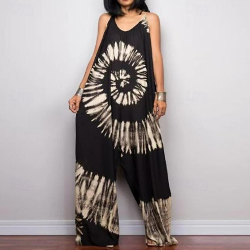 Women's Normal Jumpsuit Casual Tie Dye Sleeveless Wide Leg Crew Neck Pocket Print Street Daily Regular Fit Black Pink Navy Blue Summer2
