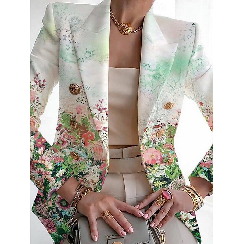 Women's Blazer Comfortable Breathable Print Fashion Casual Floral Formal Work Office / Career Double Breasted Regular Turndown Regular Fit Long Sleeve Outerwear Black White Navy Blue Summer3