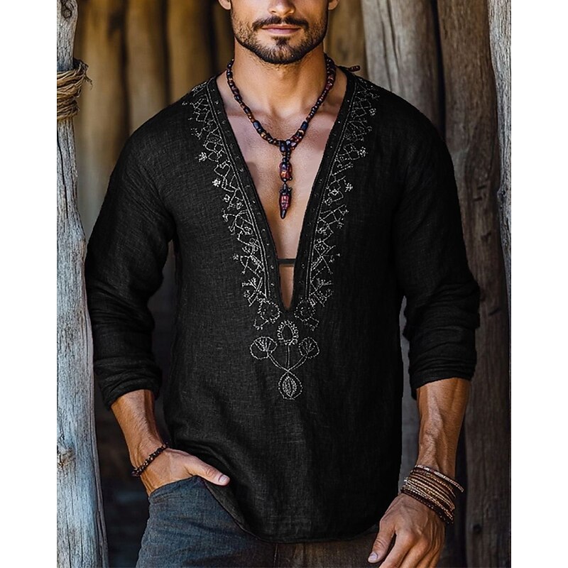 Men's Shirt Summer Shirt Casual Shirt Beach Shirt Black Red Long Sleeve Plain Viking Deep V Vacation Hawaiian Print Clothing Apparel Fashion Casual Comfortable2