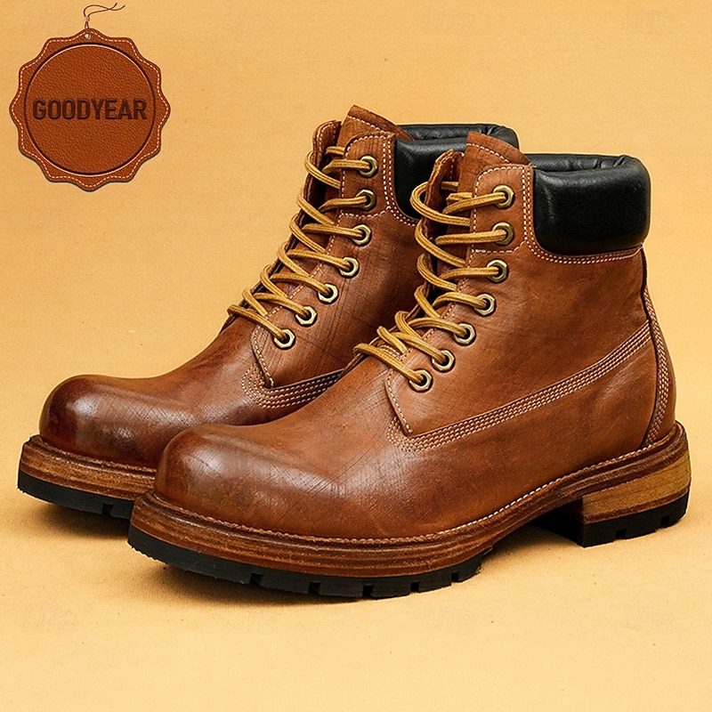 Men's Brown Leather Lace-Up Work Boots with Ankle Padding and Goodyear Welt – Heavy-Duty Footwear for Construction, Hiking and Outdoor Activities