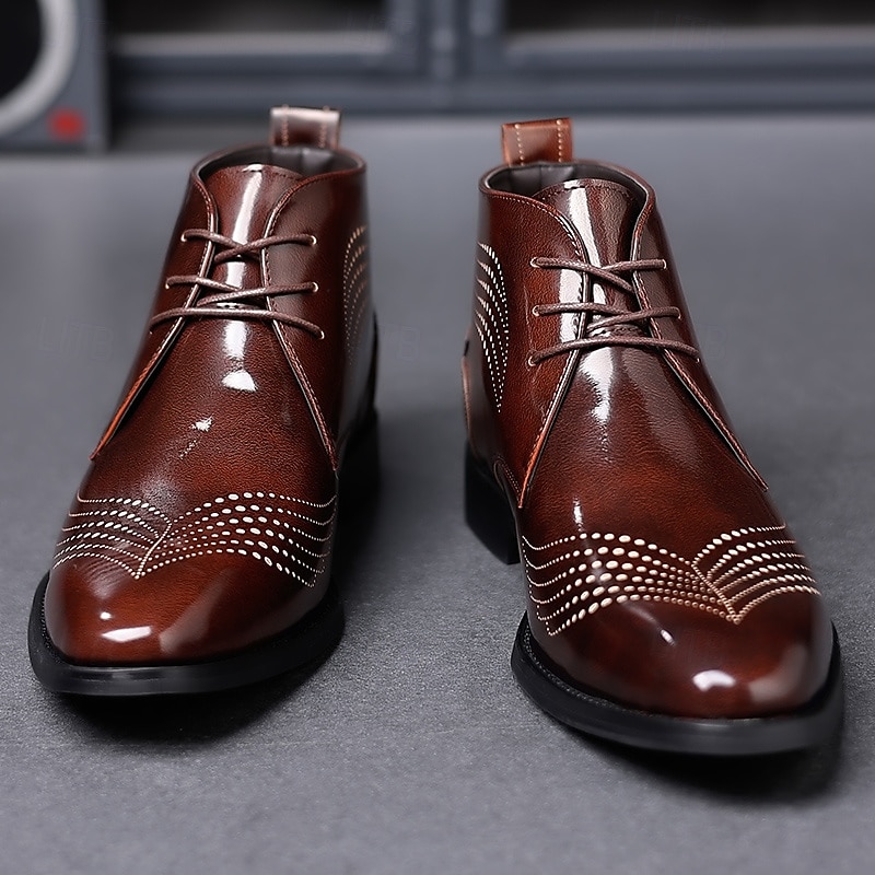 Men's Glossy Burgundy Faux Leather Wingtip Brogue Ankle Dress Boots – Formal Lace-Up Shoes for Weddings & Business3