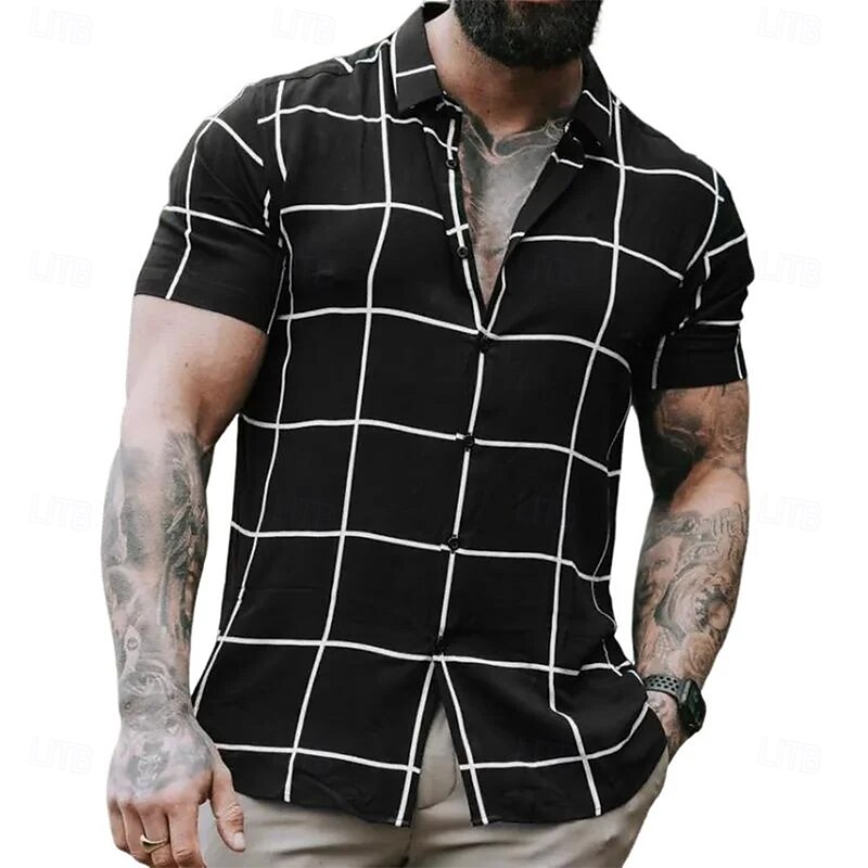 Men's Geometric Grid / Plaid Shirt Summer Shirt Button Up Shirt Short Sleeve Fashion Casual Outdoor Vacation Dailywear Summer Spring Turndown 3D Print Collared Shirts Black2