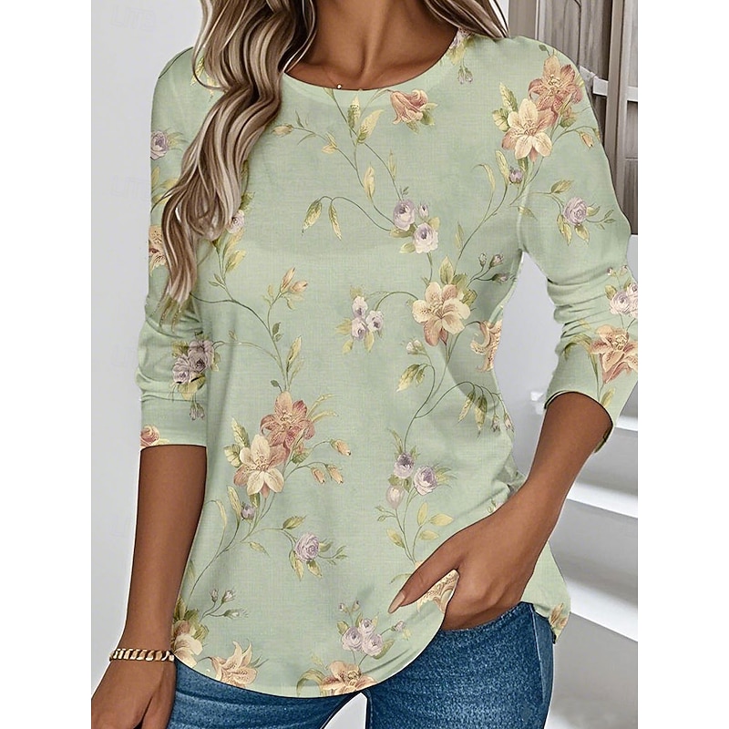 Women's T shirt Long Sleeve Crew Neck Long Sleeve Tunic Floral Graphic Plants Vintage Stylish Classic Regular Tops Daily Weekend Print Yellow Blue Green  Prefall3