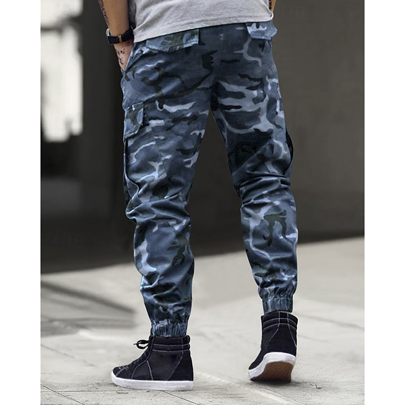 Men's Cargo Pants Trousers Camo Pants Elastic Waist Drawstring Multi Pocket Camouflage Wearable Outdoor Daily Camping & Hiking Fashion Classic Blue Green2