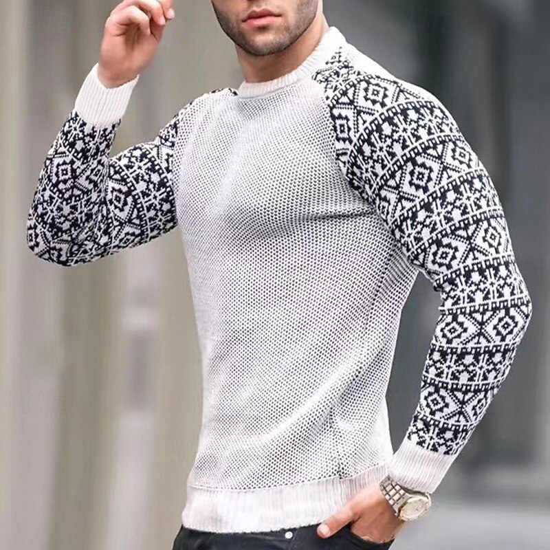Men's Sweater Pullover Sweater Jumper Knit Sweater Waffle Knit Color Block Crew Neck Elegant Vintage Formal Home Clothing Apparel Bishop Sleeve Fall Winter Black White S M L - Main Image