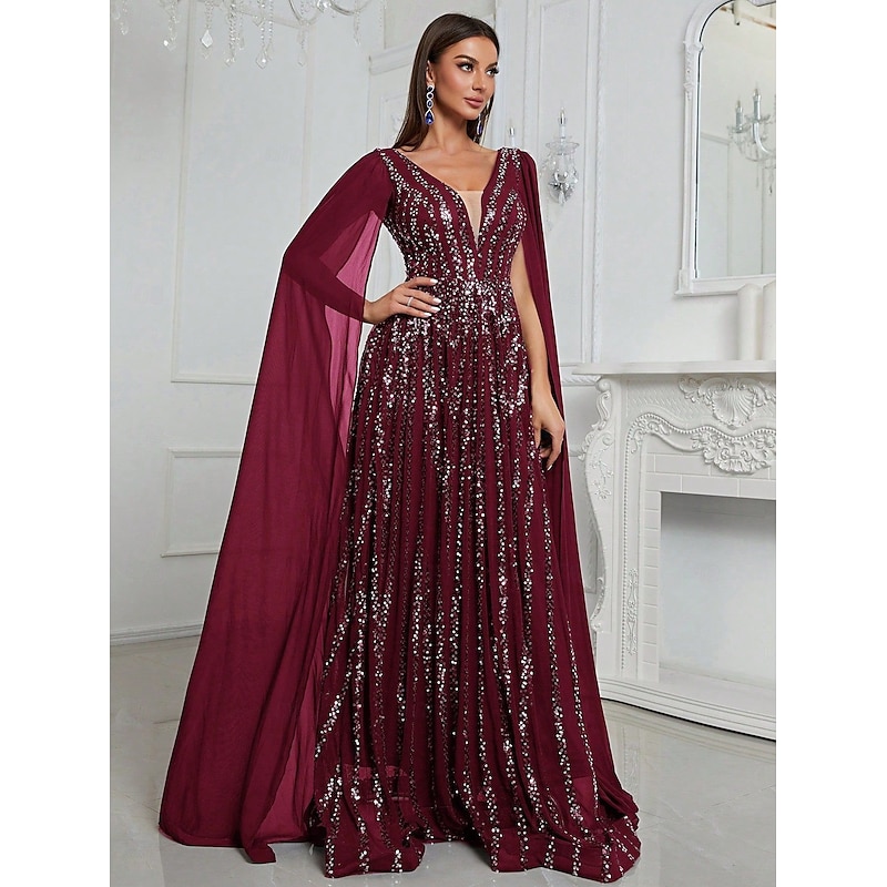 Cape Dress A-Line Evening Gown Elegant Dress Formal Wedding Floor Length Sleeveless Plunge Neck Chiffon with Glitter Sequin Lace4