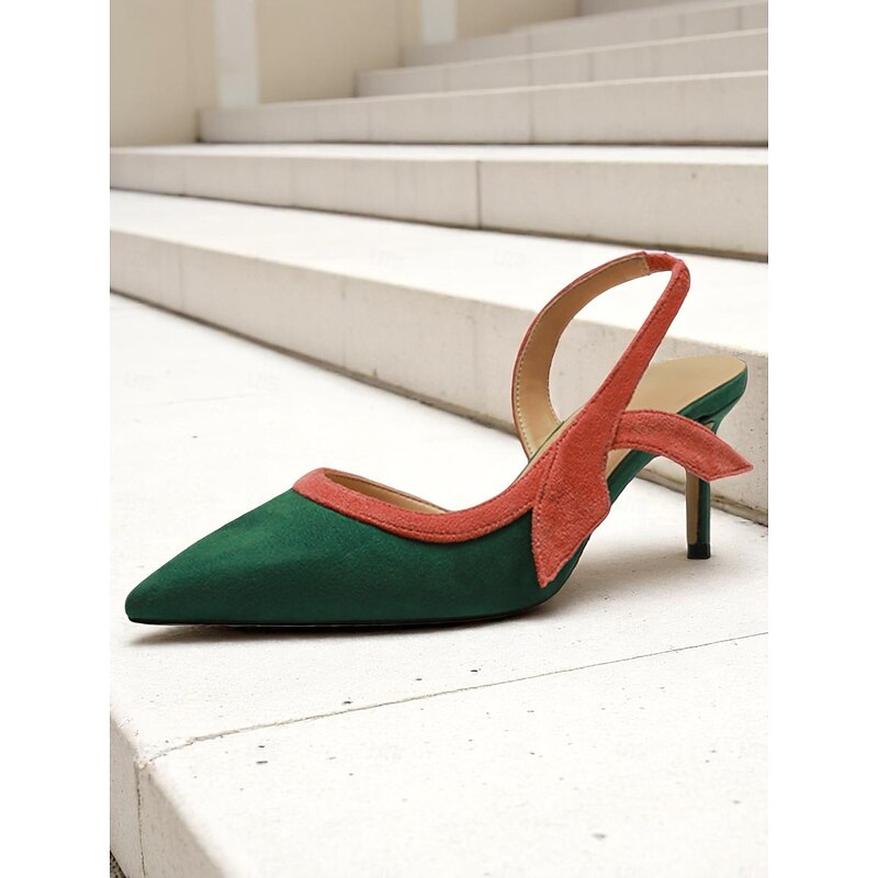 Women's Green and Rust Colorblock Slingback Heels, Pointed Toe Low Heel Pumps for Casual Dates and Everyday Chic Outfits3