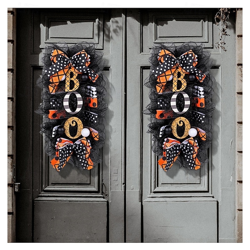 Halloween Swag Wreath for Front Door BOO Pumpkin Hanging Decoration, Scary Halloween Door Sign Garland for Porch Yard Wall Indoor Outdoor Decor4