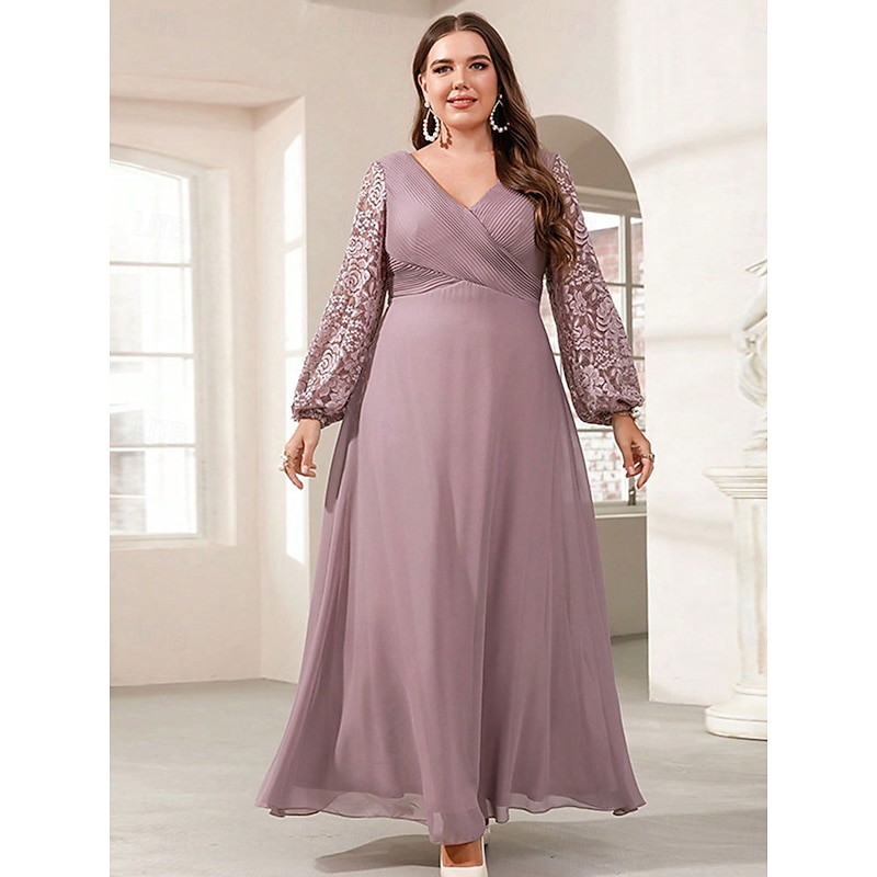 A-Line Evening Gown Elegant Dress Formal Wedding Floor Length Long Sleeve V Neck Chiffon with Floral Print