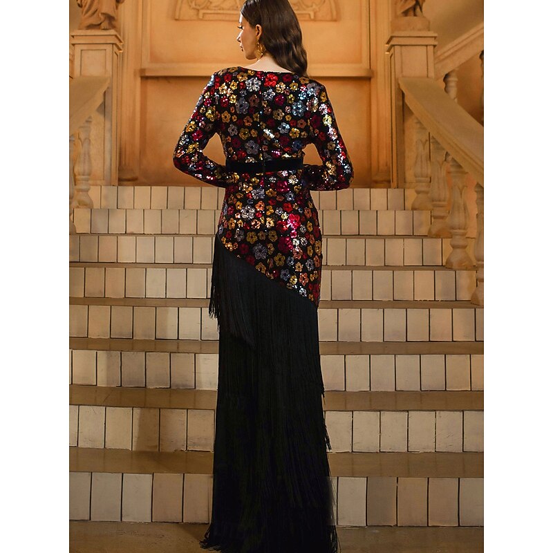 Mermaid / Trumpet Party Dresses Elegant Dress Formal Wedding Floor Length Long Sleeve V Neck Sequined with Tassel Slit3