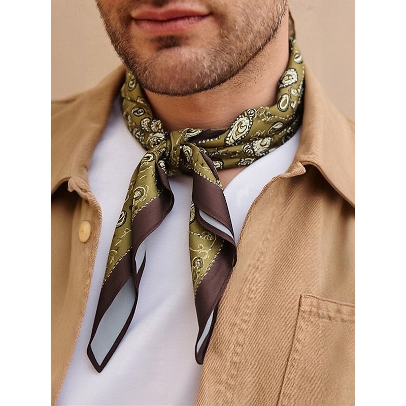 Men's Paisley Print Square Neck Scarf with Leather Buckle, Vintage Style Polyester Bandana for Outdoor Travel, Parties and Daily Fashion2