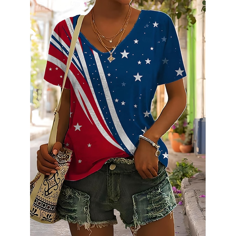 Women's Patriotic  T Shirt Graphic Plants American Flag Vintage Stylish Classic Short Sleeve V Neck Regular Tops Daily Weekend Print Black White Red Light Brown Blue3