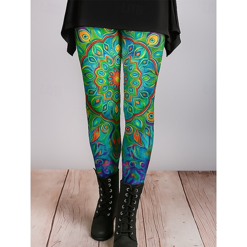 Women's Leggings Vacation Vintage Ethnic Style Ankle-Length High Waist Floral Graphic Abstract 3D Print Quick Dry Breathability Soft Stretchy Outdoor Home Causal Red Blue Green Spring Fall Slim Fit2