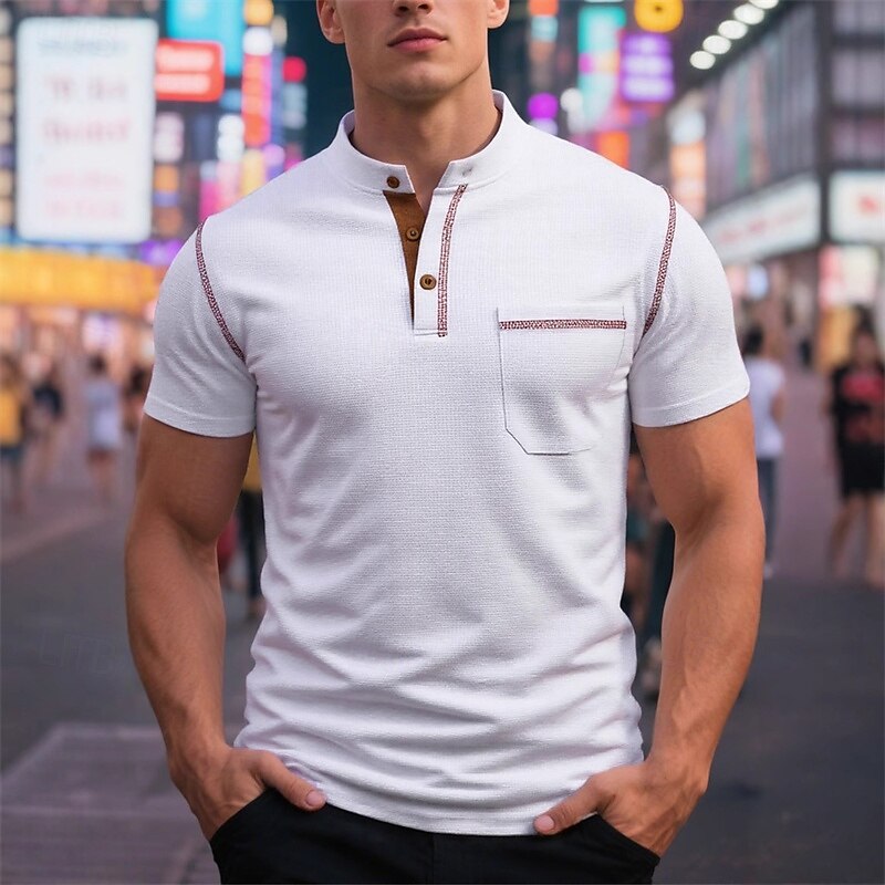 Men's T Shirt Henley Shirt Tee Short Sleeve Shirt Short Sleeve Henley Summer Color Block Fashion Designer Basic Patchwork Pocket Vacation Street Going out Wine Black White Top Tee for Men2