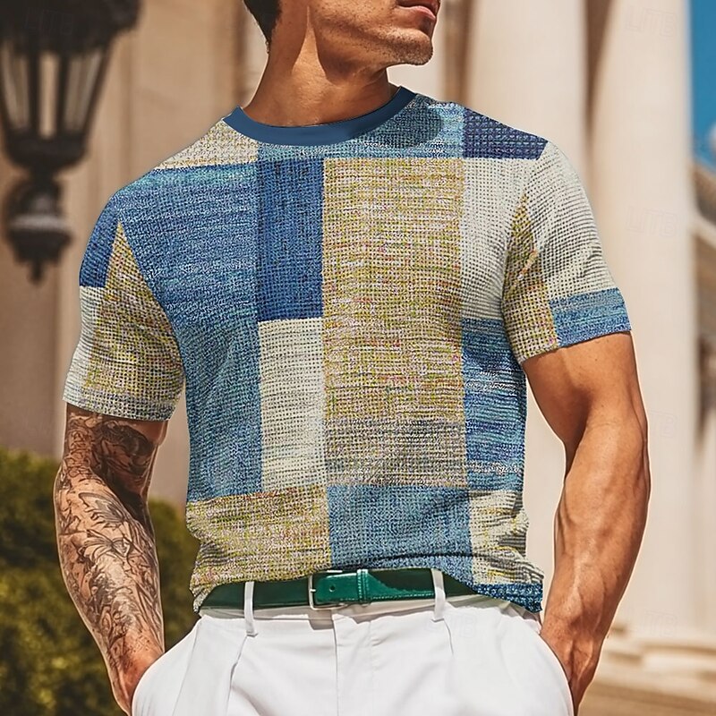 Men's Patchwork Waffle Shirt Short Sleeve T shirt 3D Print Crew Neck Shirt Fashion Casual Comfortable Street Casual Daily Light Blue Blue Purple Summer Spring All Seasons Clothing Apparel S M L XL