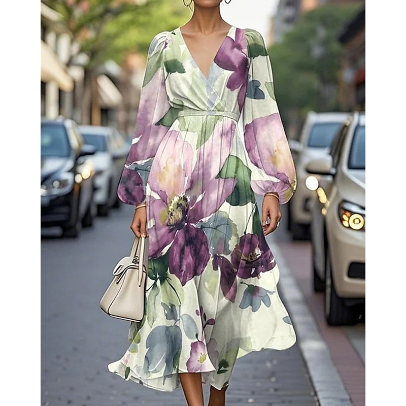 Women's Midi Dress Casual Dress Print Dress Elegant Fashion Outdoor Party Holiday Regular Fit Flower Long Sleeve V Neck Pink Blue Purple Summer Spring
