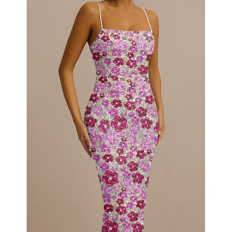 Floral Sequin Mermaid / Trumpet Prom Dresses Elegant Dress Semi Formal Wedding Guest Floor Length Sleeveless StraplessDress4