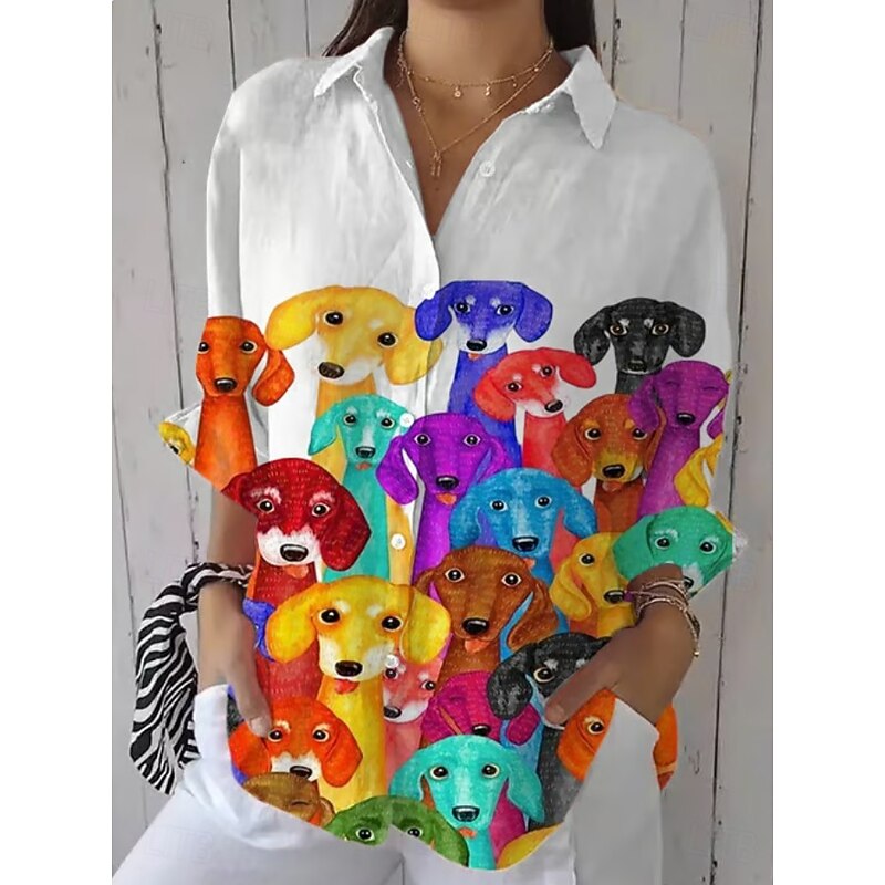 Women's Shirt Button Down Tunic Shirt Collar Long Sleeve Ombre Dog Active Cute Daily Regular Tops Work Daily s Print Black White Pink Blue Green Spring Fall