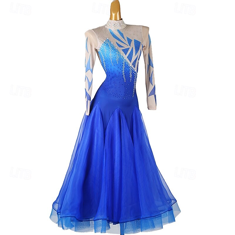 Ballroom Dance Dress Rhinestone Splicing Women's Performance Party Long Sleeve Mesh Spandex Organza3