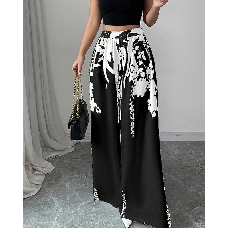 Women's Wide Leg Slacks Streetwear Casual Full Length Natural Flower Elastic Waist Printing Comfy Outdoor Comfortable Holiday Weekend Black White Fall Regular Fit4