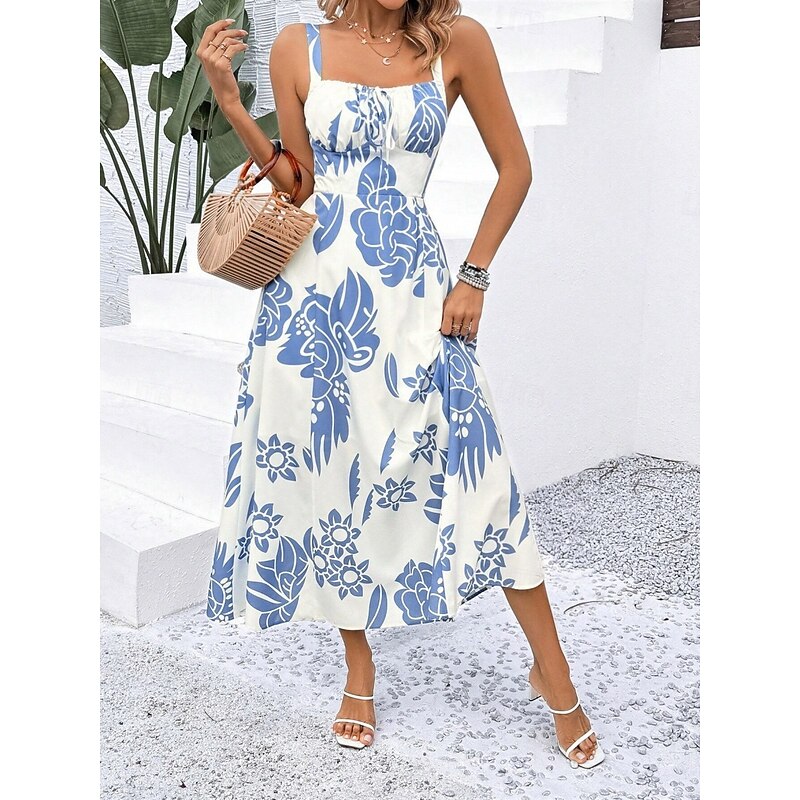 Women's Maxi Dress A Line Dress Slip Dress Vacation Casual Boho Outdoor Going out Regular Fit Floral Sleeveless Spaghetti Strap Navy Blue Blue Green Summer Spring2