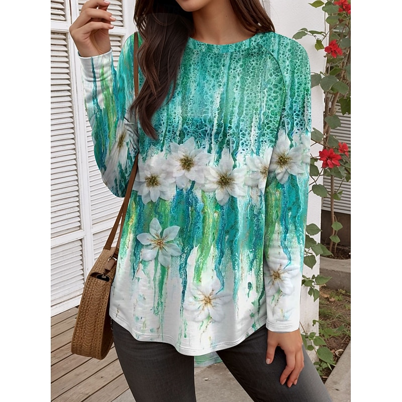 Women's T Shirt Floral Graphic Plants Vintage Fashion Stylish Long Sleeve Crew Neck Regular Tops Daily Weekend Print Purple Orange Green Spring Fall