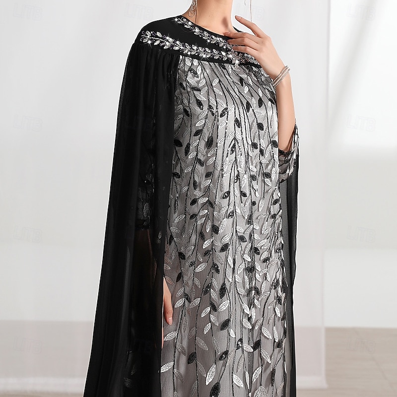 Cape Dress A-Line Mother of the Bride Dress Elegant Crew Neck Crystals Floor Length Long Sleeve with Embroidery Lace3