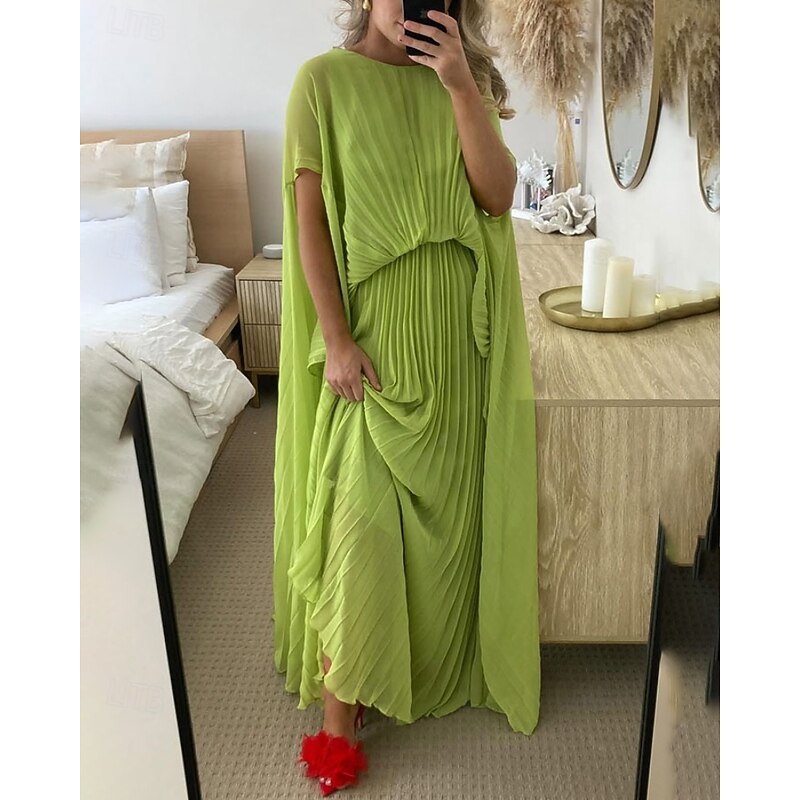 Women's Long Dress Maxi Dress Cocktail Dress Wedding Guest Dress Chiffon Dress Ruched Dress Fashion Outdoor Date Tea Party Regular Fit Plain Short Sleeve Crew Neck Green Summer