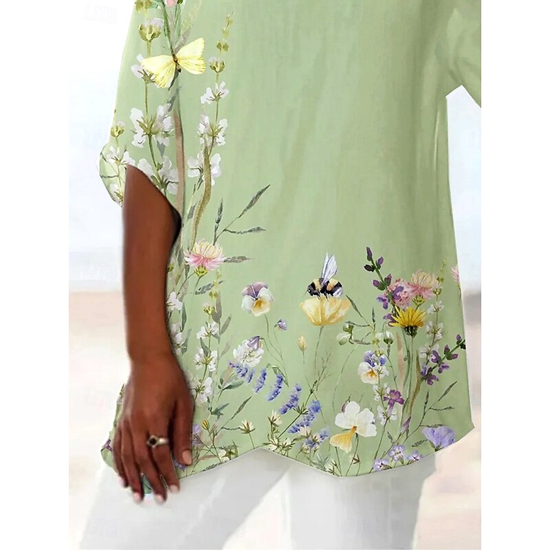 Women's Blouse Long Sleeve Asymmetrical Hem Floral Graphic Leaf Hawaiian Stylish Casual 3/4 Length Sleeve V Neck Regular Tops Daily Holiday Going out Print Asymmetric Hem Light Green Violet3