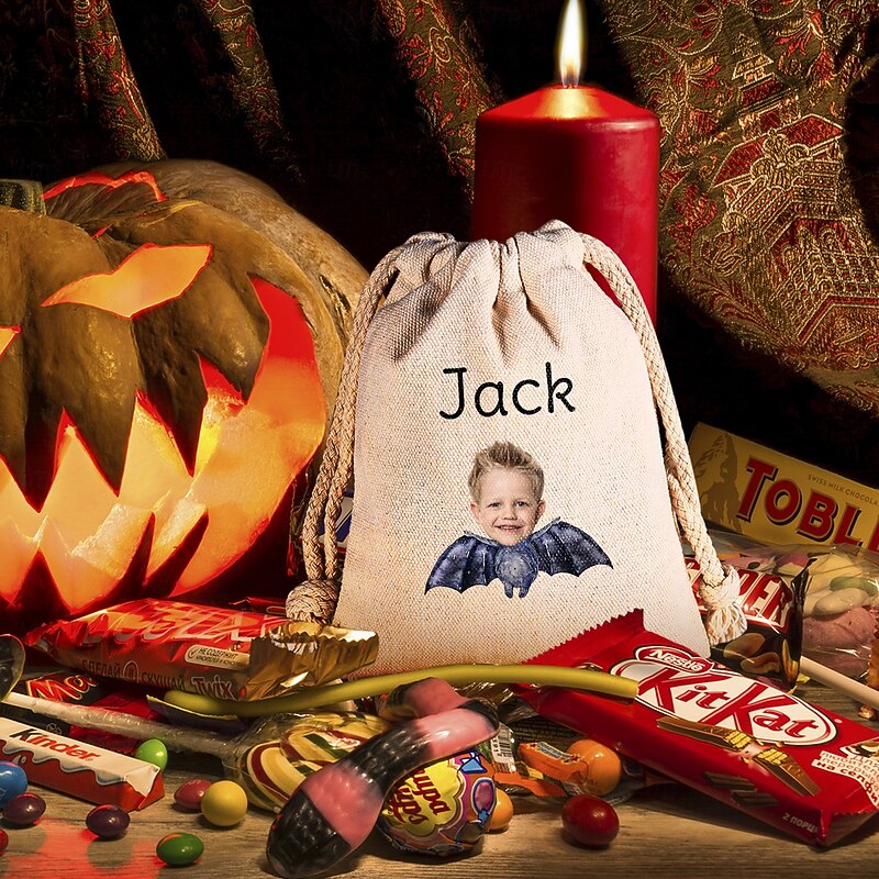 Personalized Photo & Name Halloween Treat Bag for Kids, Custom Dark Night Bat Candy Tote, Forest Theme Trick or Treat Sack, Cute Non-Scary Gift Bag for Kindergarten or Toddler Party4