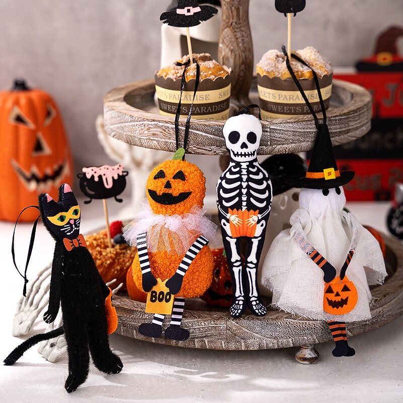 Halloween Plush Hanging Ornaments , Cute Pumpkin Black Cat Ghost Skull Decoration for Home Party, Small Soft Halloween Wall Hanging Decor4