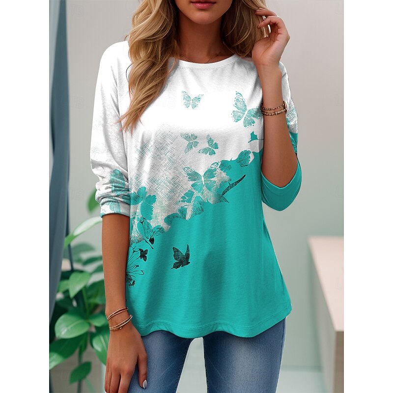 Women's T shirt Long Sleeve Crew Neck Long Sleeve Tunic Graphic Butterfly Plants Vintage Stylish Classic Regular Tops Daily Weekend Print Black Red Purple Brown Green Prefall3