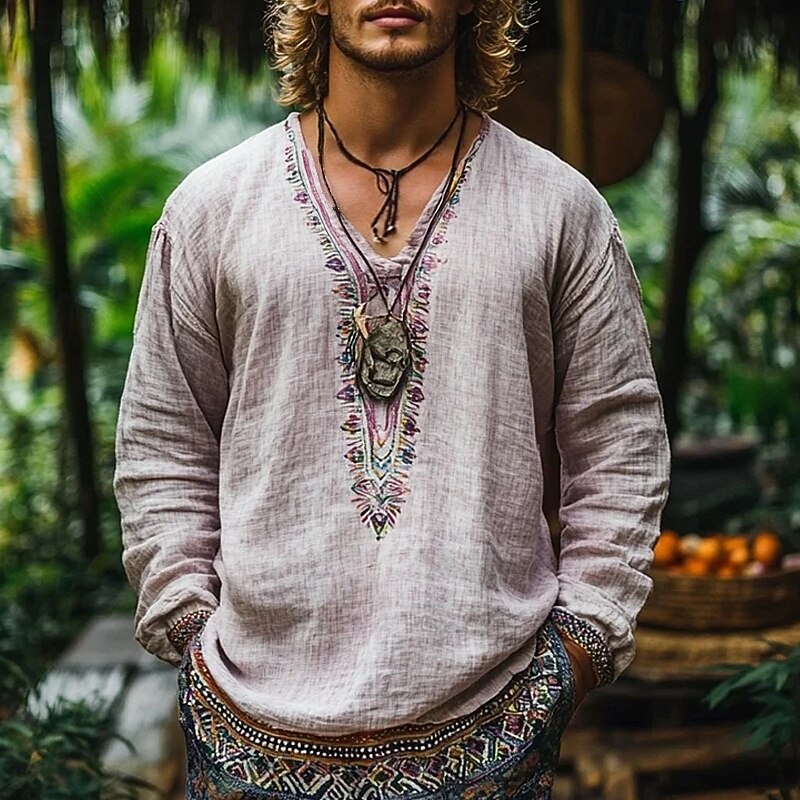 Men's Shirt Linen Shirt Popover Shirt Summer Shirt Beach Wear Multi Color Vacation Street Pink Green Khaki Long Sleeve V Neck Summer Spring Clothing Apparel