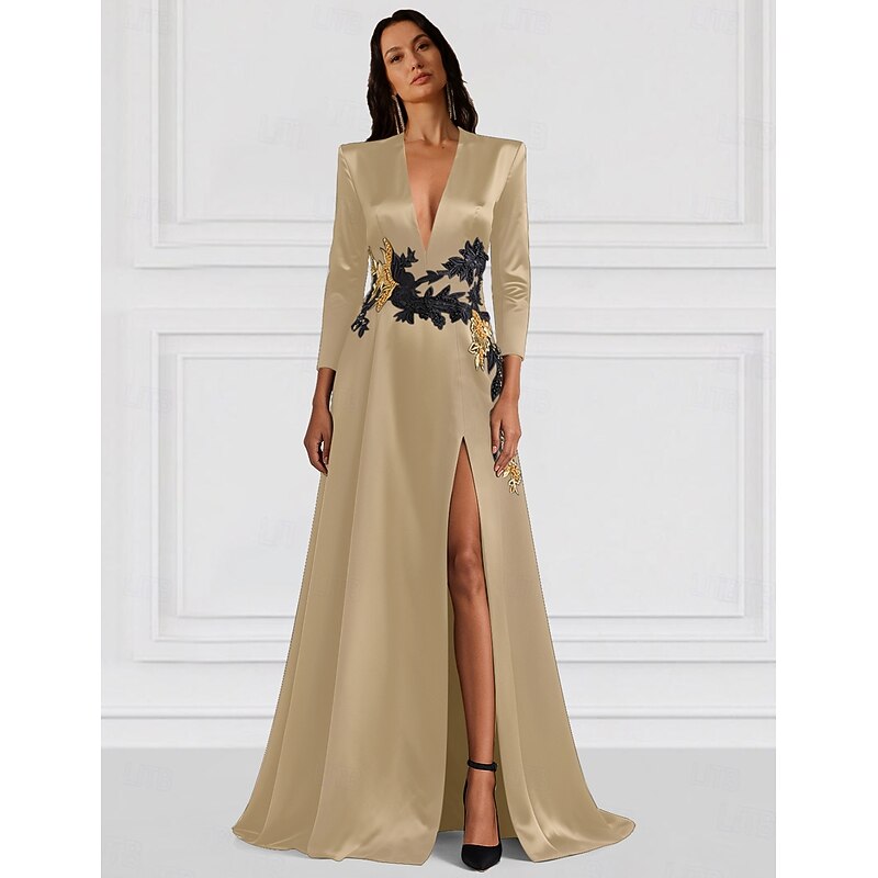 Tuxedo Dress A-Line Formal Wedding Wedding Guest Satin Elegant Silky Long Sleeve Floor Length Split Thigh V Neck4