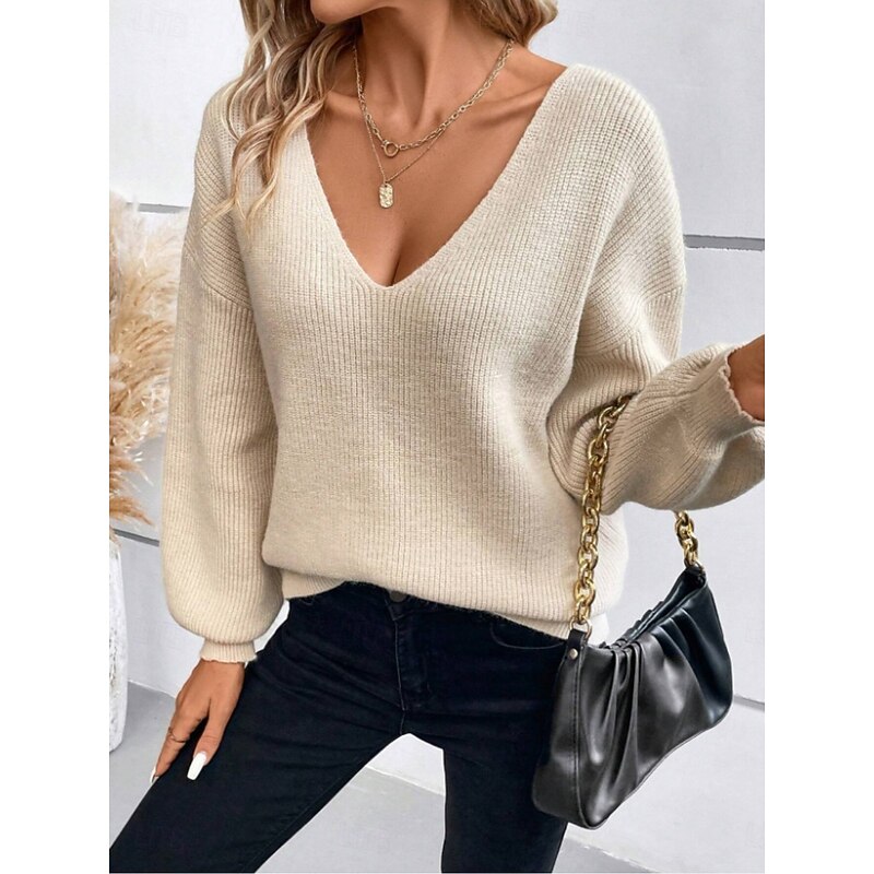 Women's Sweater Casual Soft Pure Color Ribbed V Neck Open Back Knitted Long Sleeve Regular Tops Knit Outdoor Daily Weekend Black Royal Blue Fall Winter2