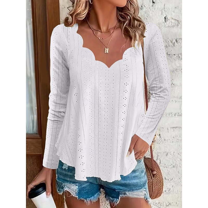 Women's Blouse Solid Color Basic Casual Long Sleeve V Neck Regular Tops Daily Eyelet Black White Pink Khaki Summer