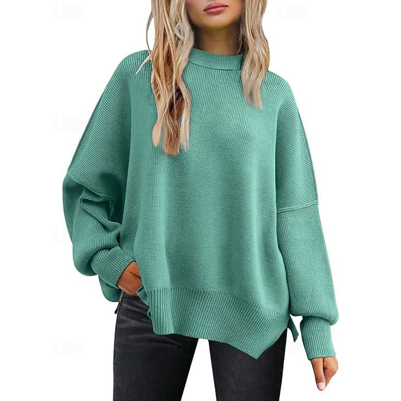 Women's Sweater Pullover Casual Solid Color Ribbed Crew Neck Knitted Long Sleeve Regular Tops Knit Going out Weekend Black White Fall4